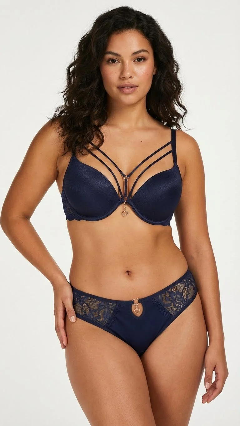 LunaIntim Gece Mavisi Strappy İpli Sütyen Takım Simli ve Taş Detaylı Push-Up Set - Son Görünüm